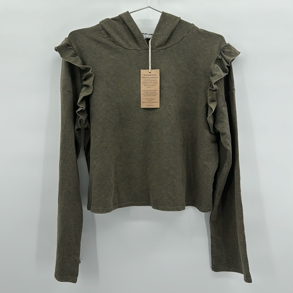 NWT ruffle sleeve hooded green crop top size Small